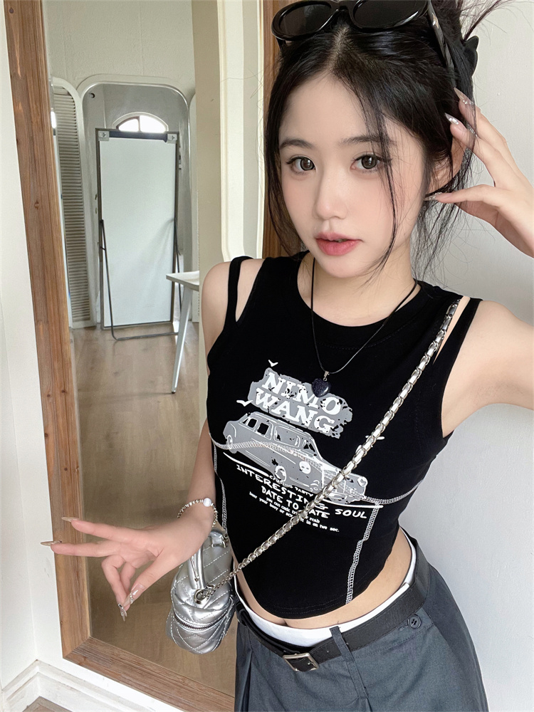 夏季新款背心美式復古甜辣妹短款顯瘦無袖上衣女潮