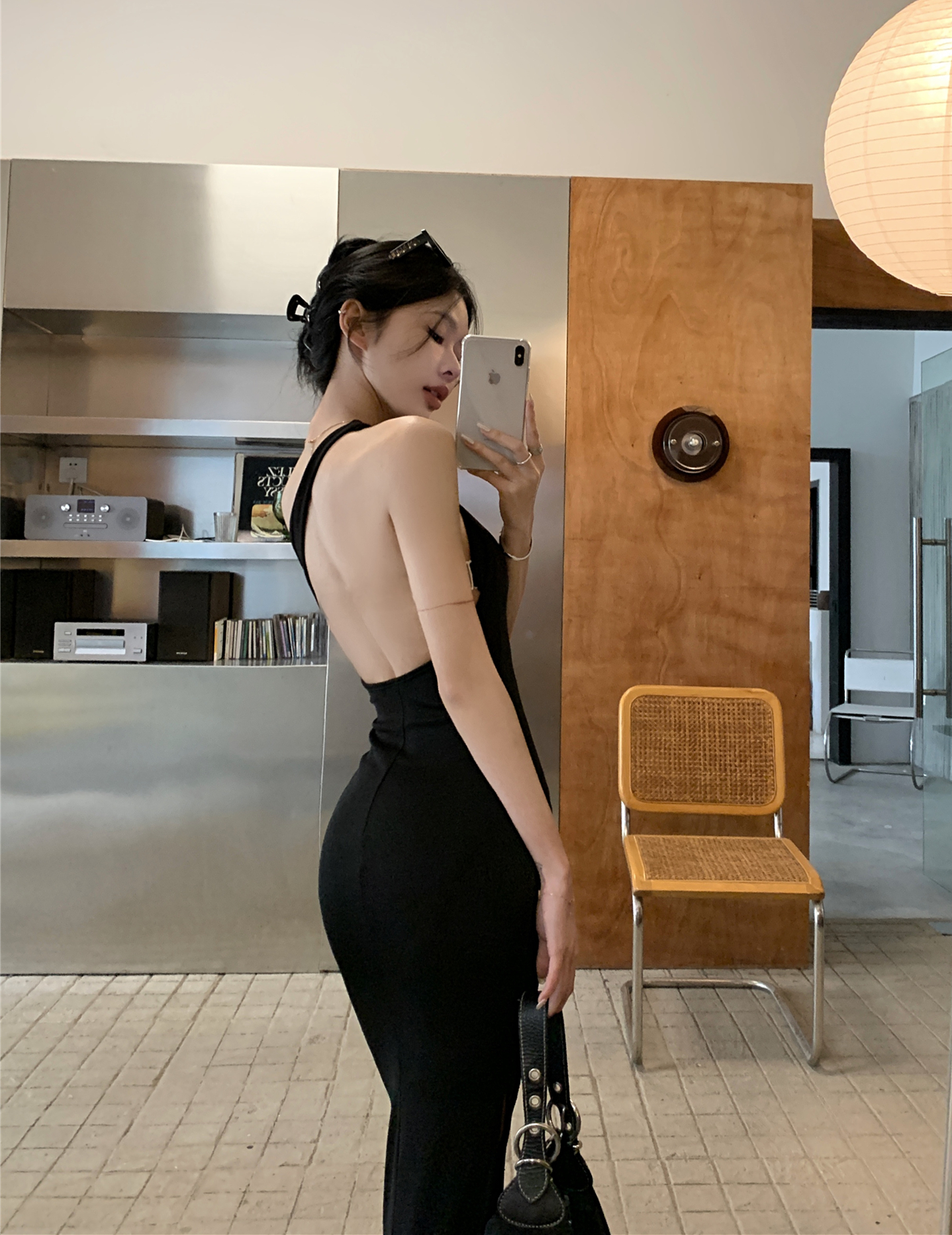 Real shot~Retro style slanted shoulder, backless and slit dress for summer