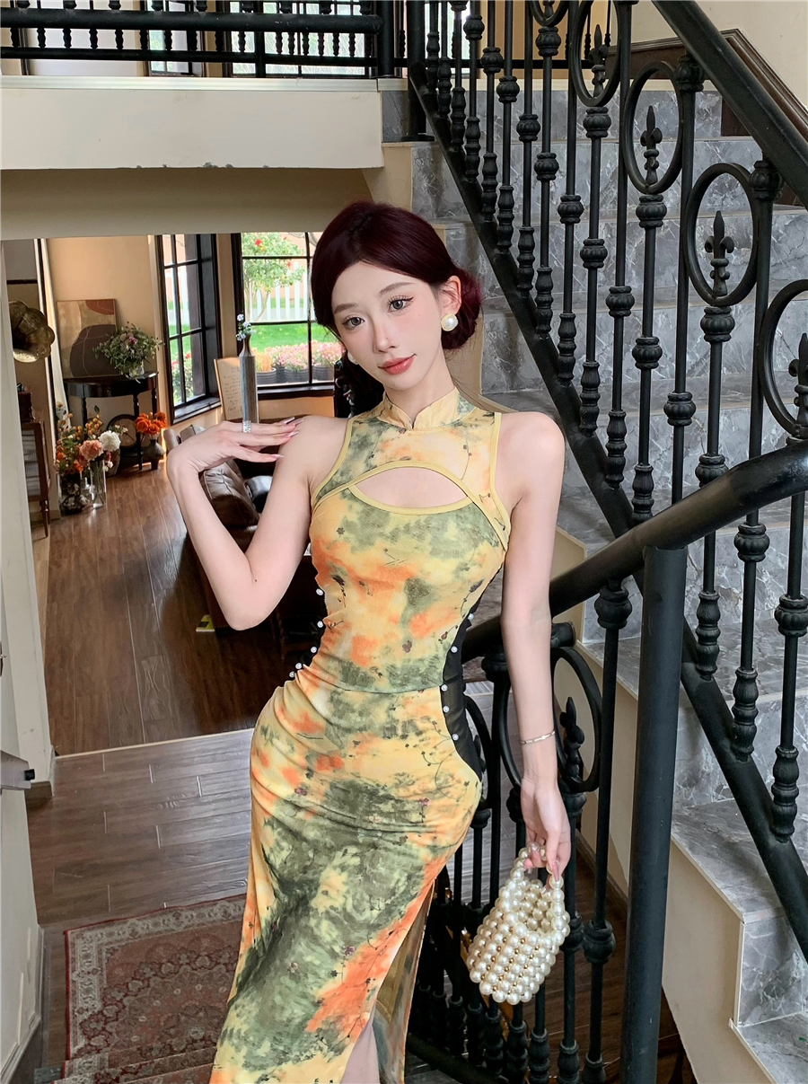 實拍新中式復古印花少女長裙修身網紗拼接釘珠改良年輕款旗袍裙子