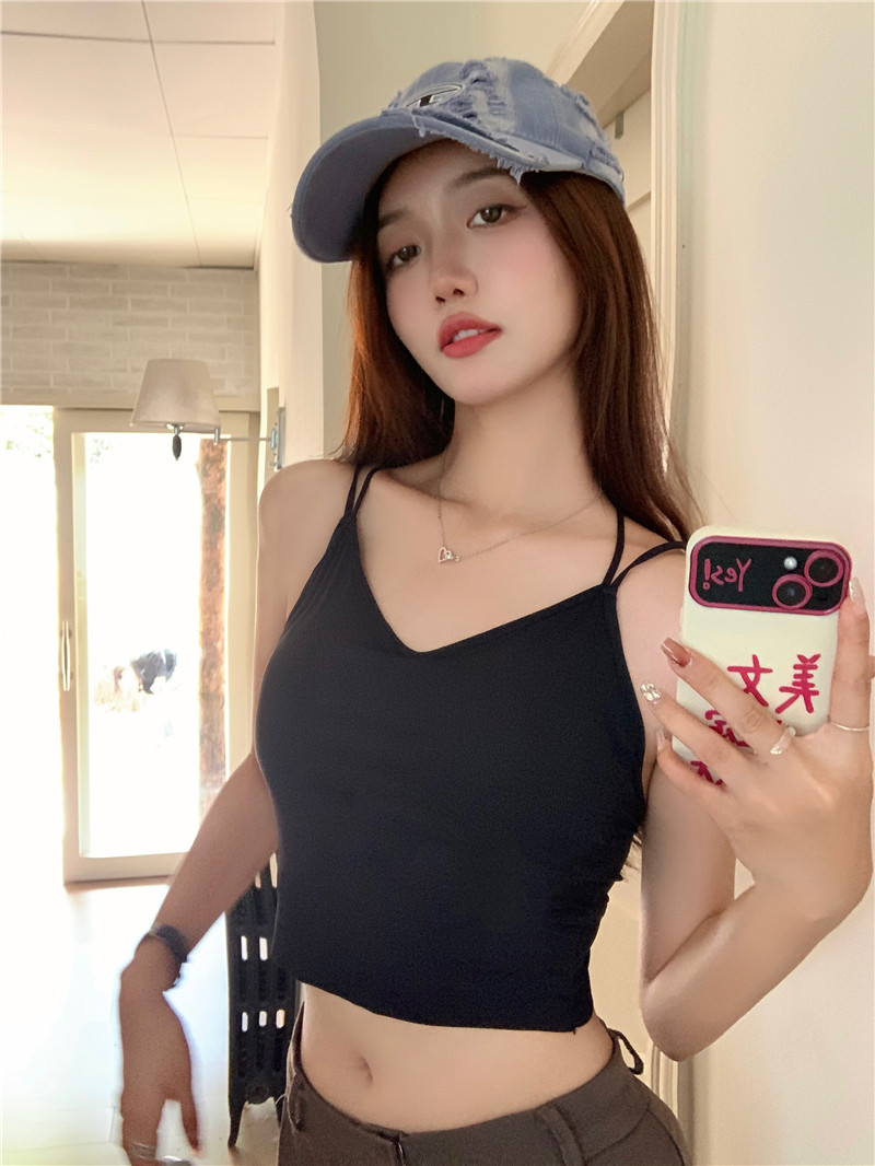 實拍~辣妹美背吊帶背心冰絲女短款外穿帶胸墊無袖打底衣