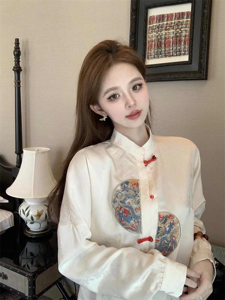 實拍 新中式國風盤扣刺繡襯衫女春燈籠袖馬面裙上衣別致絕美襯衣