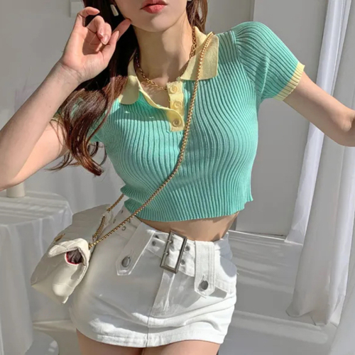 Korean style INS style pure desire POLO collar sweater short-sleeved T-shirt women's summer sweet short slim fit top