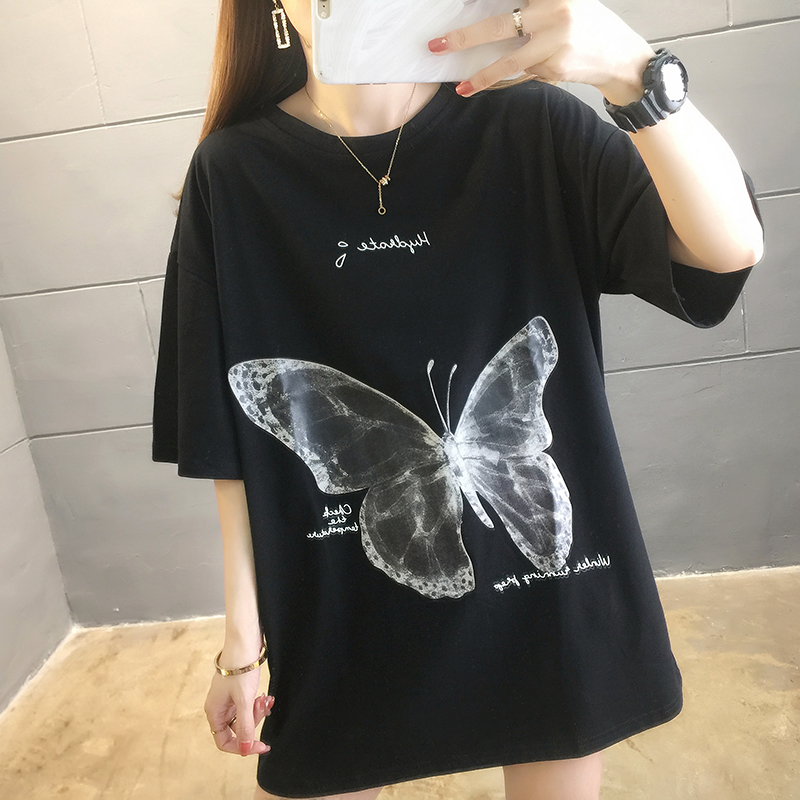實拍6535棉2024夏季超火ins中長款蝴蝶印花短袖T恤女