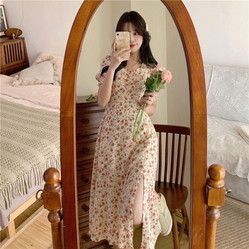 微胖MM法式泡泡袖碎花連衣裙女夏季大碼2024韓版溫柔風開叉中長裙