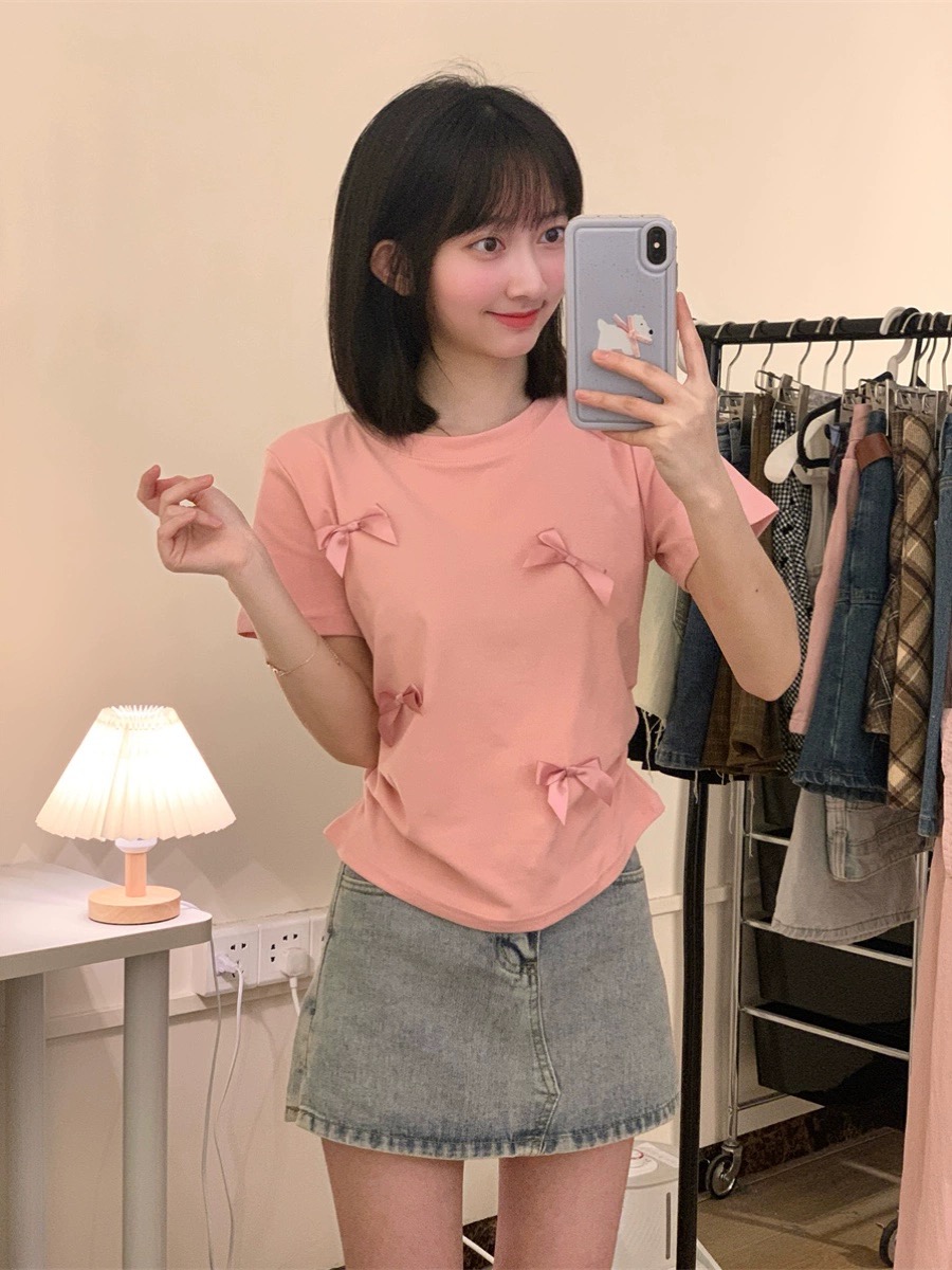 小眾設計感短袖正肩t恤女ins潮立體蝴蝶結甜辣妹修身顯瘦短款上衣