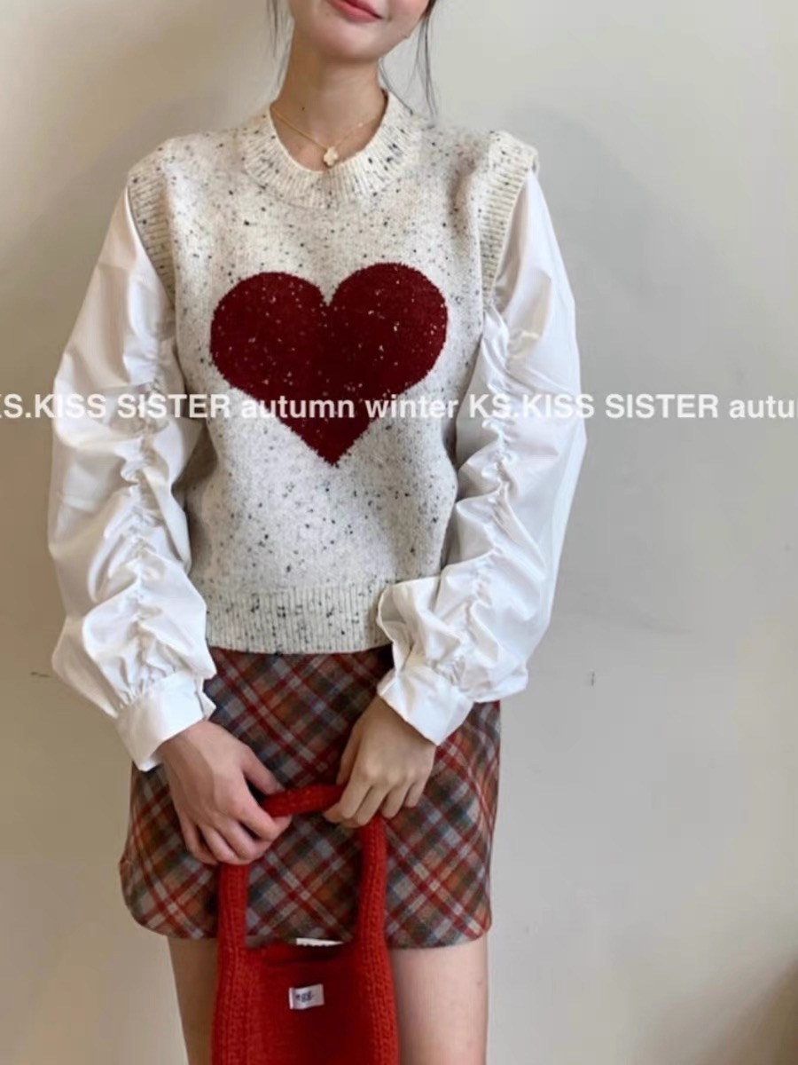 KISS SISTER設計感細閃假兩件毛衣女冬季新款襯衫泡泡袖加厚上衣