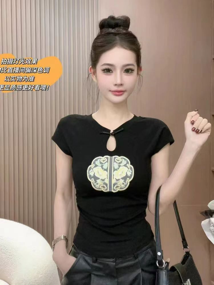 新中式國風盤扣短袖T恤女2024夏季高端刺繡設計感顯瘦修身短上衣
