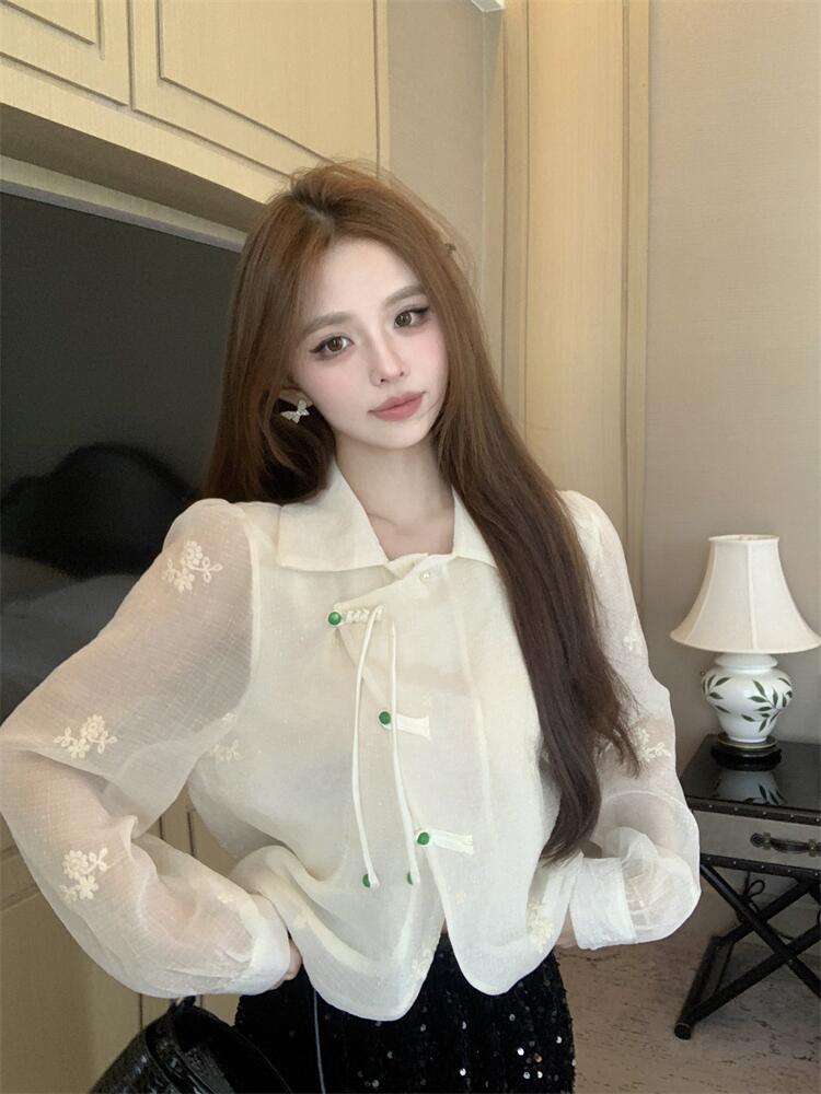 實拍新中式襯衫女短款20024春裝新款長袖國風盤扣上衣小個子