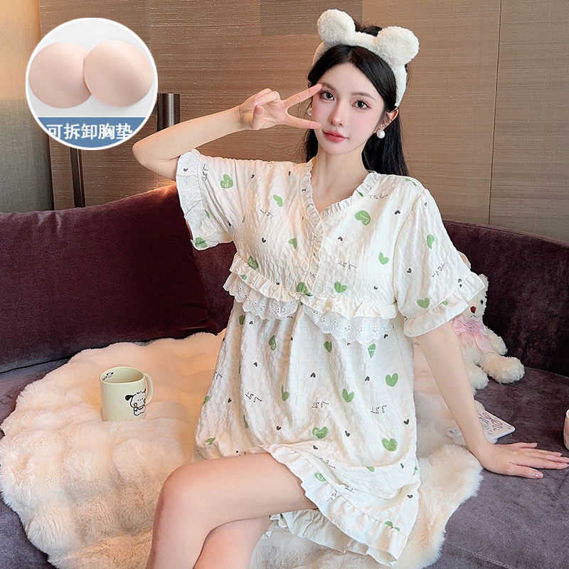 夏季韓版新款帶胸墊睡衣女短袖梭織提花雲朵棉公主風家居服套裝