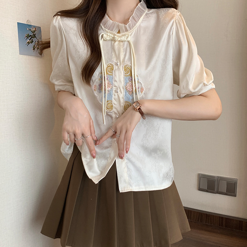 實拍大碼女裝夏季新中式國風刺繡短袖襯衫盤扣復古百搭拼接上衣