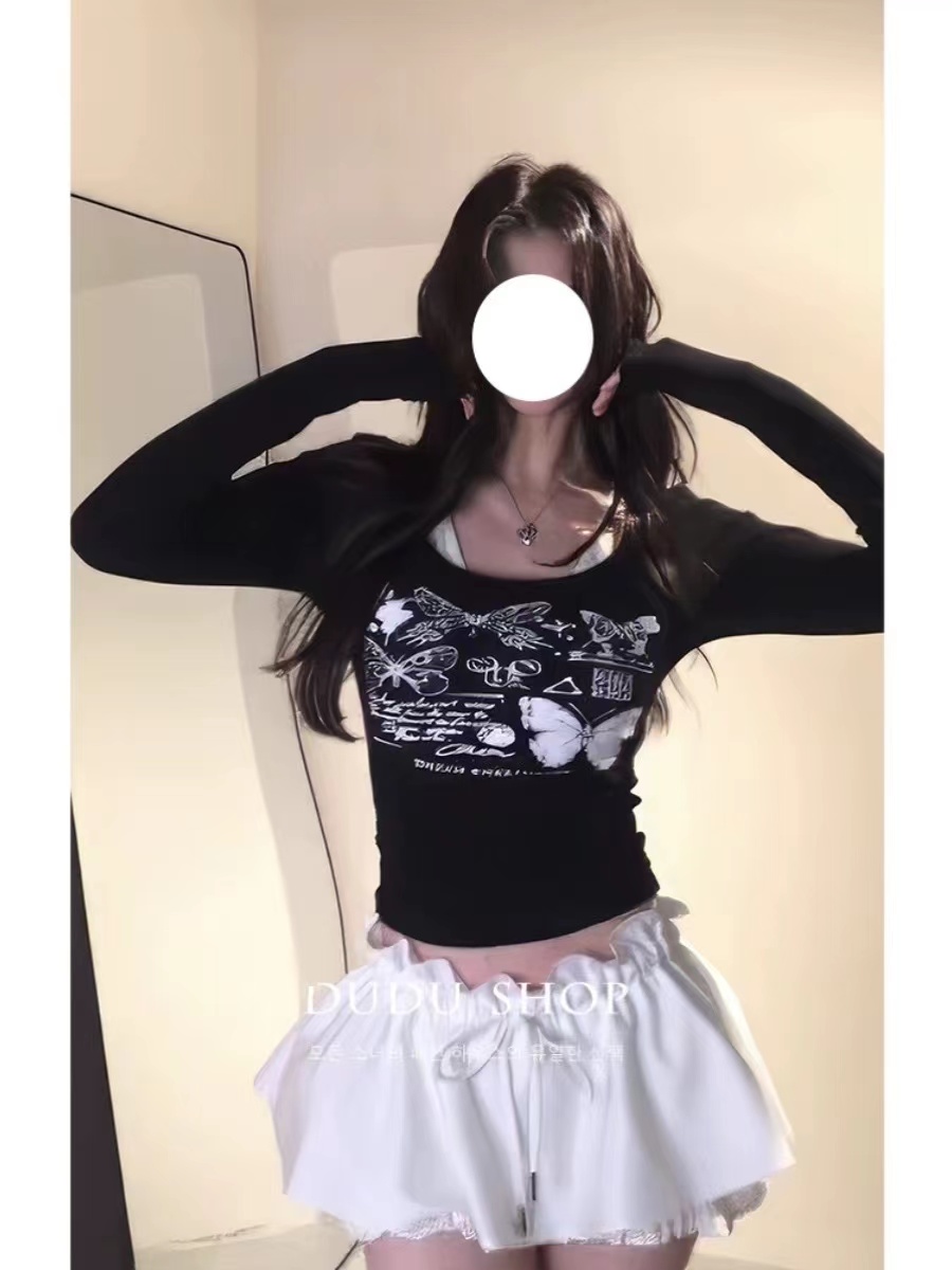 純欲風黑色圓領內搭別致絕美打底衫女春秋高級感掐腰熱辣美式上衣