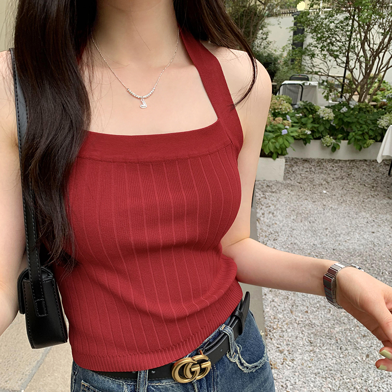 實拍圖港風大紅色掛脖背心女早春2024新款修身短款外穿針織吊帶