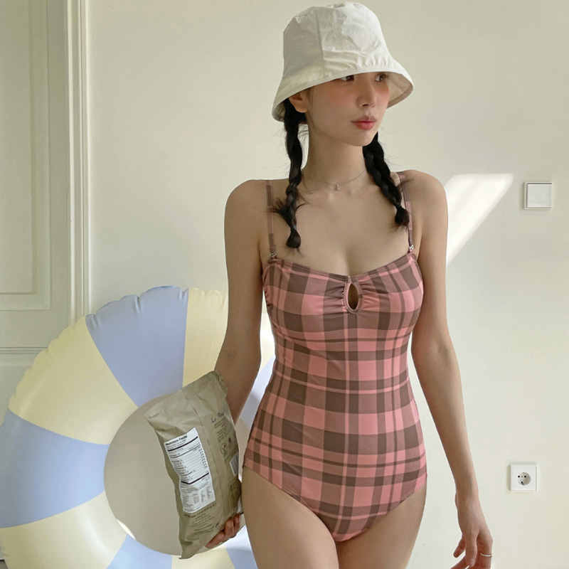 韓國新款復古格子泳衣女小清新保守遮肚顯瘦溫泉度假學生女泳裝