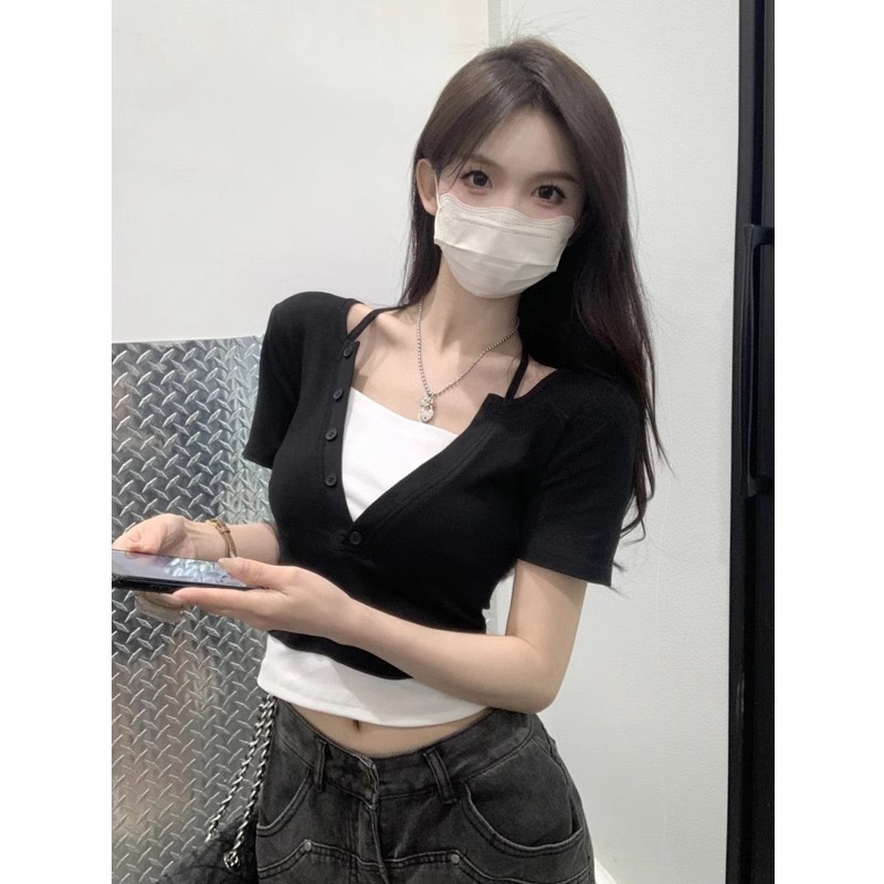 92棉/8氨綸40支210g純棉 辣妹掛脖假兩件t恤女
