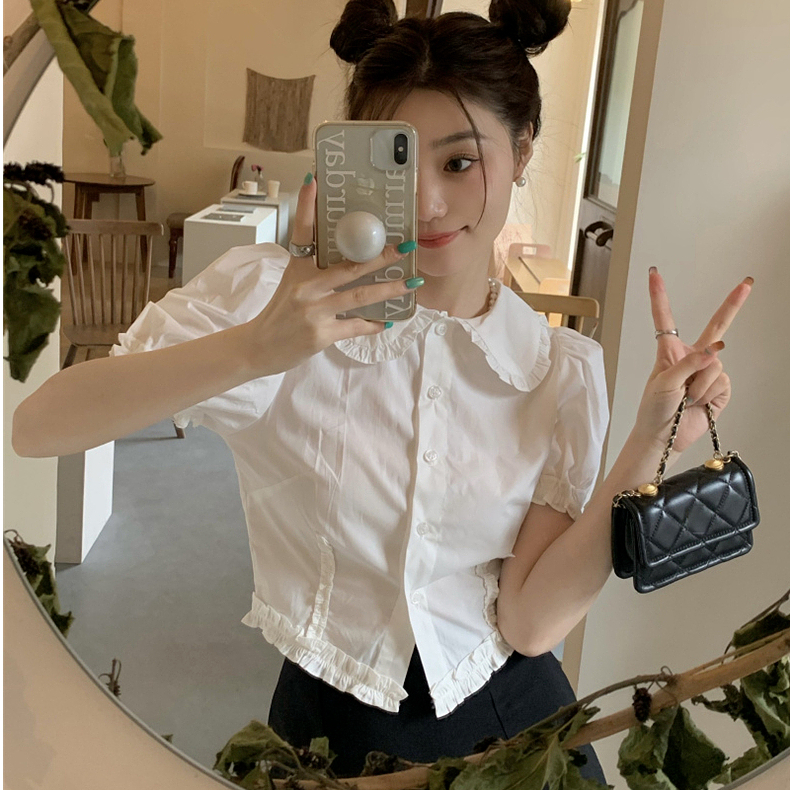 白色短袖娃娃領襯衫女夏季新款泡泡袖法式襯衣修身短款上衣