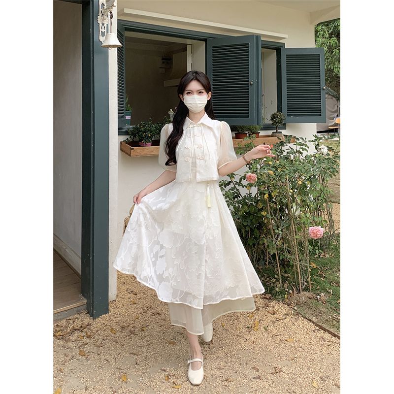 新中式設計感泡泡袖氣質盤扣上衣吊帶連衣裙女顯瘦氣質兩件套裝