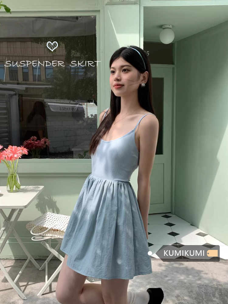 小個子吊帶裙女裝拼接連衣裙夏季小黑裙收腰顯瘦A字裙露背短裙子