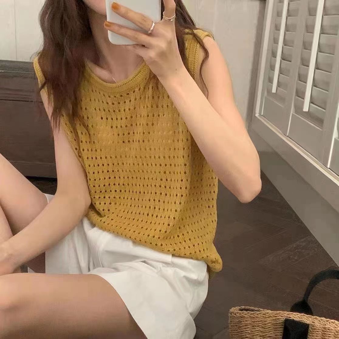 法式鏤空設計感小眾吊帶無袖冰絲針織女背心馬甲豆綠色疊穿上衣夏