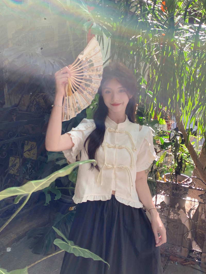 實拍新中式國風鹽系少女盤扣露肩上衣女夏季設計感小眾襯衣