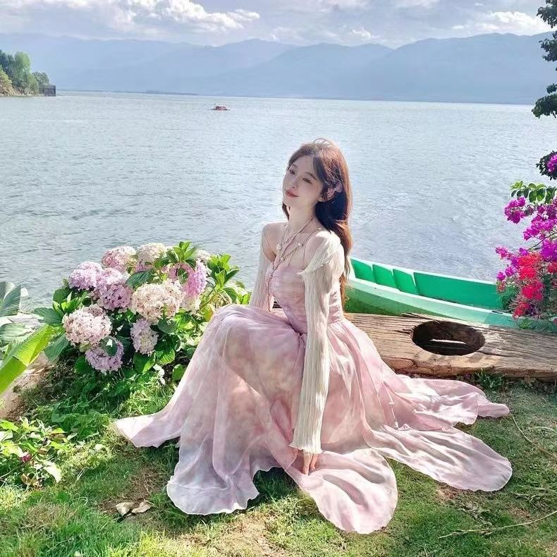 白里BAILISTUDIO櫻漫之夏仙女風暈染花色不規則下擺度假長裙