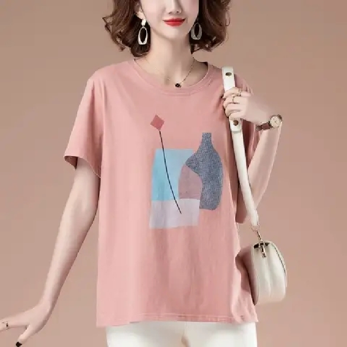 100%純棉T恤女2024夏季新款寬鬆國潮時尚印花百搭圓領短袖T恤衫潮