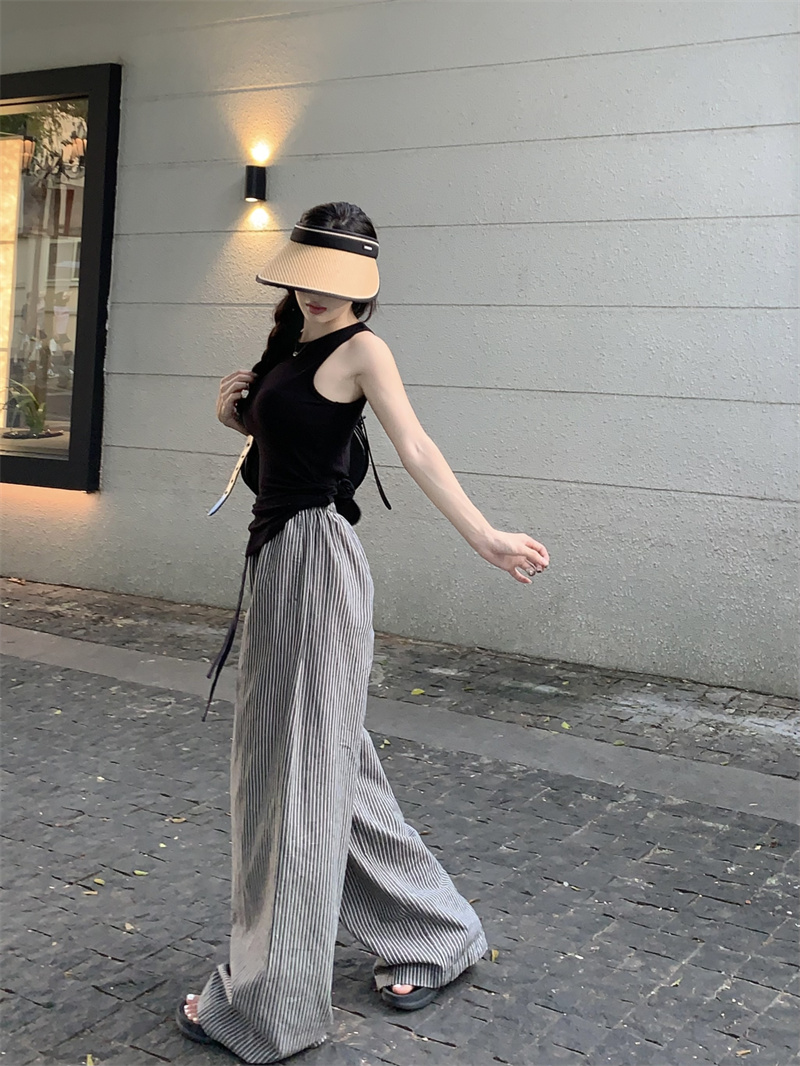 實拍~休閒闊腿褲女鬆緊腰寬鬆豎條紋系帶顯瘦長褲拖地褲