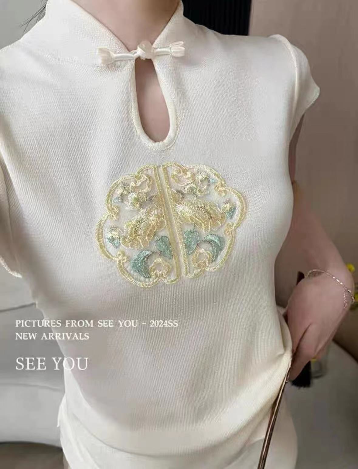 新中式國風刺繡立領短袖針織衫女夏季新款修身短款別致T恤上衣