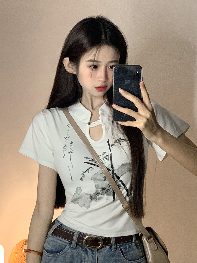 原創~實拍~國風系列~印花顯瘦修身短袖T恤女夏