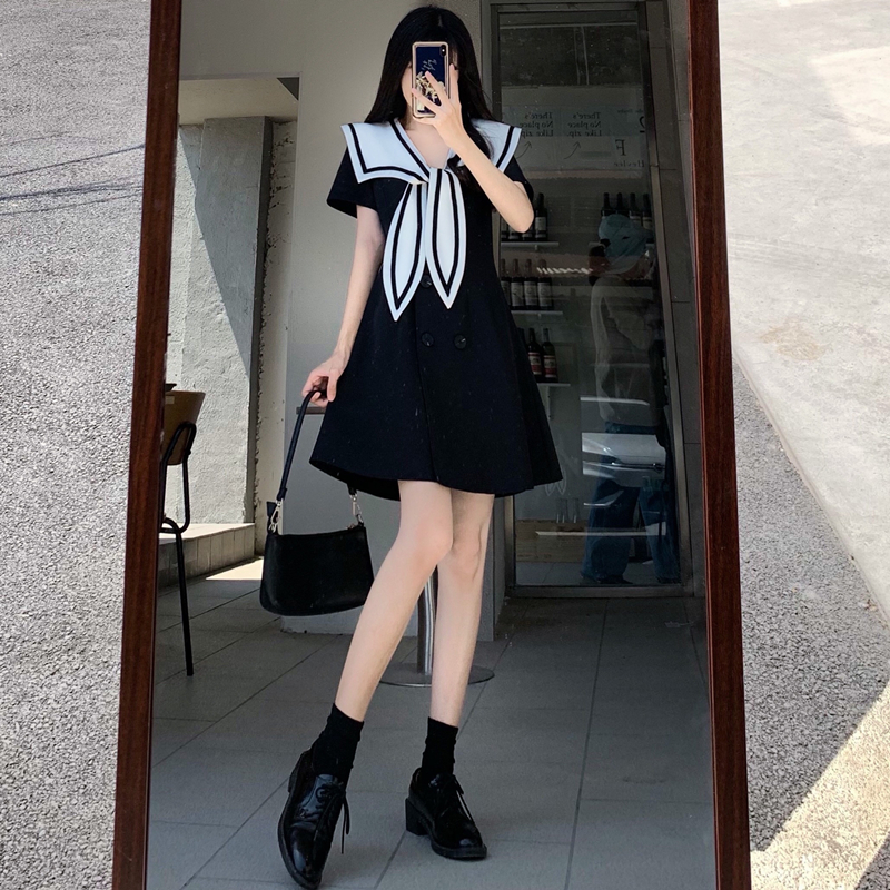 大碼女裝夏季新款小香風連衣裙修身顯瘦洋氣小個子雙排扣黑色裙子
