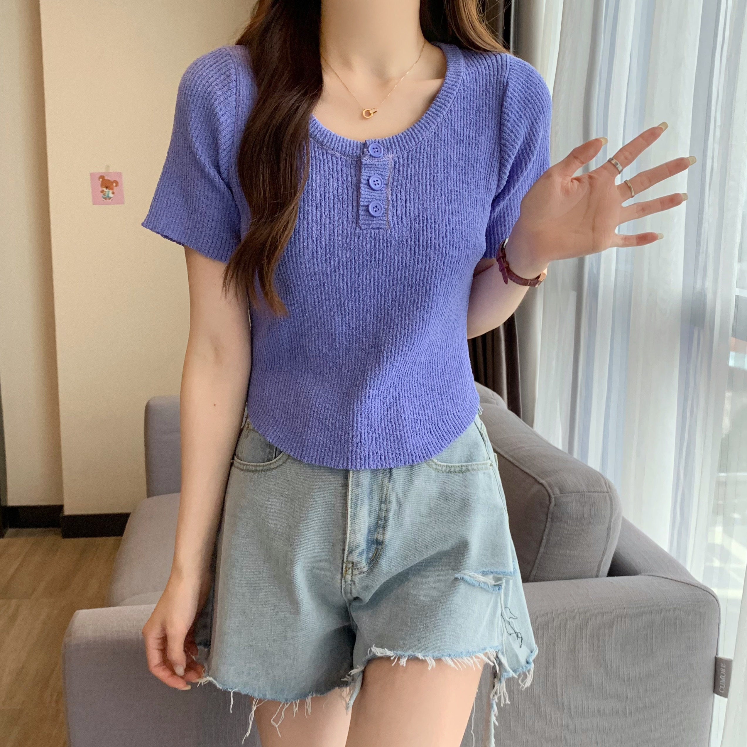 實拍 夏季新款韓版設計感小眾修身顯瘦純色針織T恤短袖上衣女