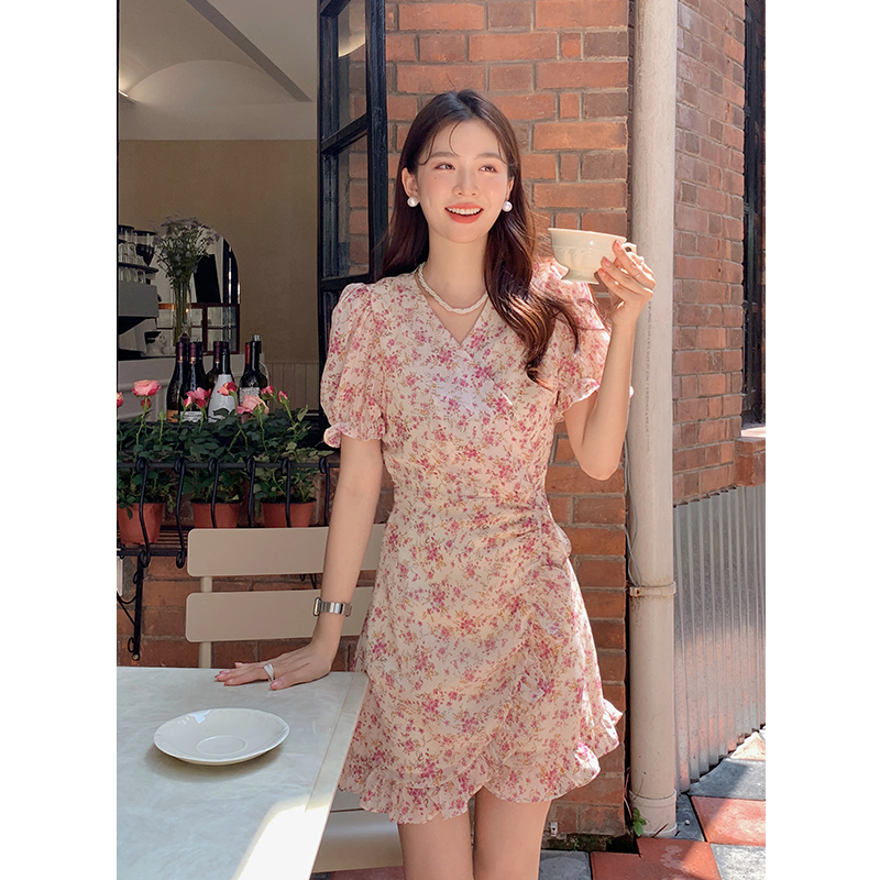 實拍 2024夏季新款法式浪漫V領印花裙子短袖雪紡碎花連衣裙女