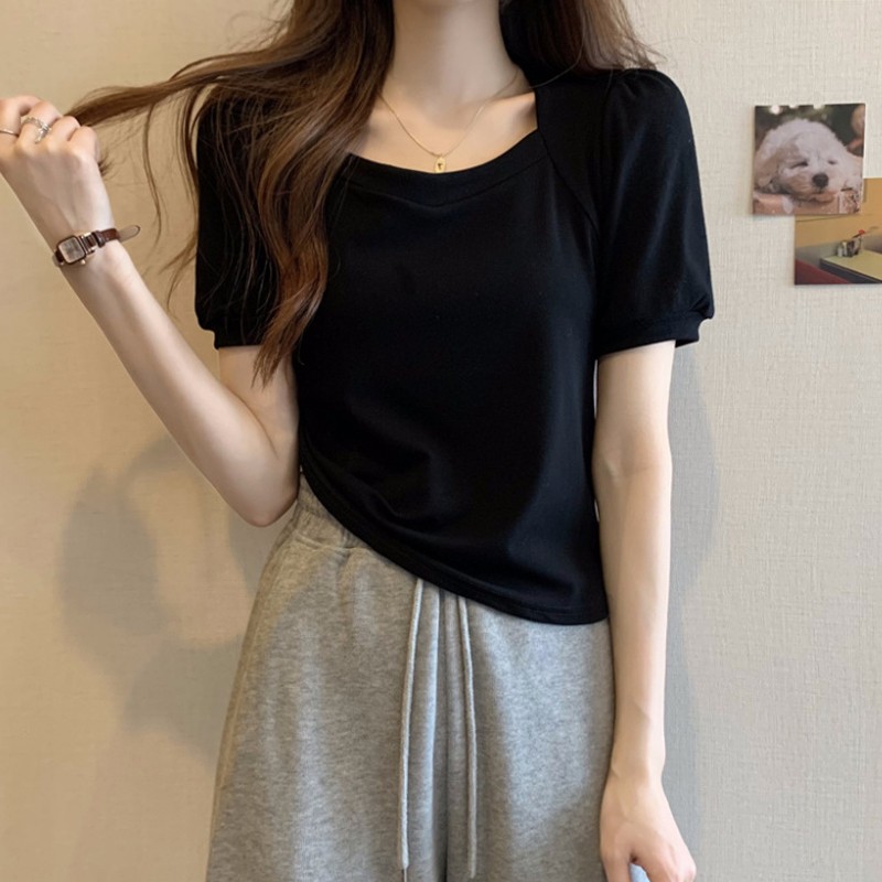女裝方領正肩短袖T恤女夏季胖妹妹顯瘦泡泡袖上衣打底衫