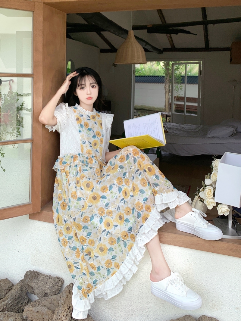 大碼女裝胖mm套頭假兩件拼接印花長裙夏季甜美刺繡連衣裙