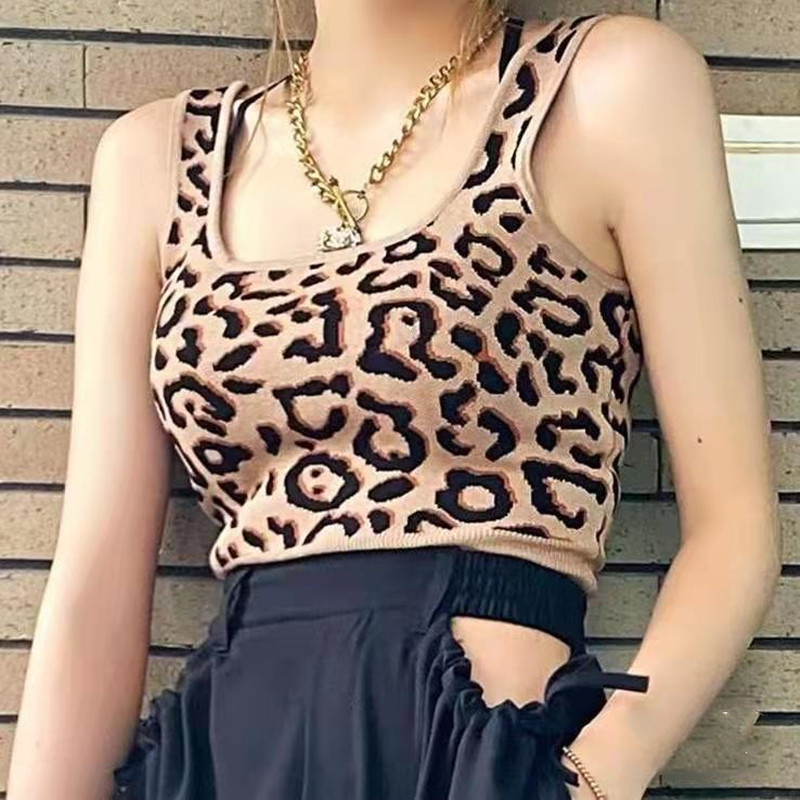 歐美風修身短款方領豹紋針織吊帶背心女外穿春秋季內搭打底上衣