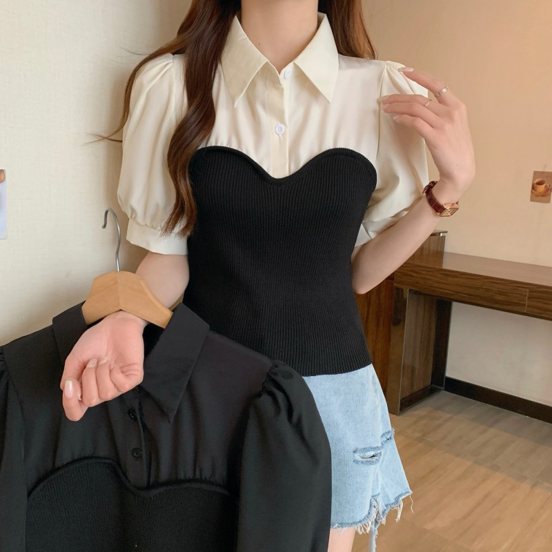 法式氣質襯衣雪紡拼接針織短袖襯衫女夏設計感小眾泡泡袖短款上衣