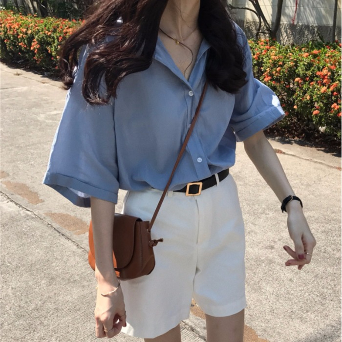 夏季韓版寬鬆短袖襯衫女百搭純色設計感小眾洋氣港風上衣