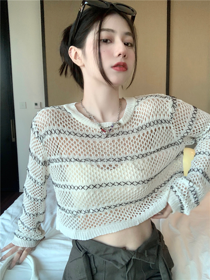 拼色條紋鏤空針織防曬衫女薄款夏罩衫短款長袖別致上衣潮韓國爆單