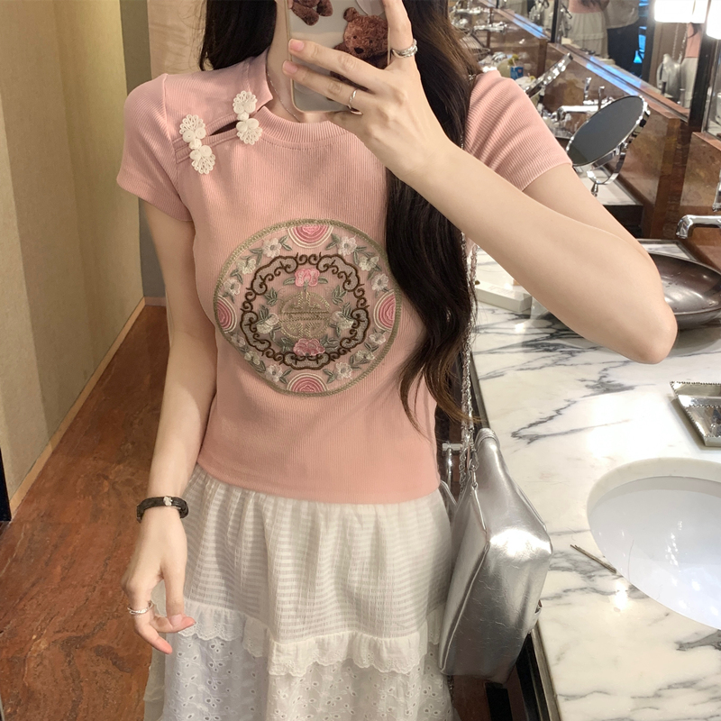 新中式國風盤扣重工刺繡大碼短袖T恤女2024夏季新款修身顯瘦上衣