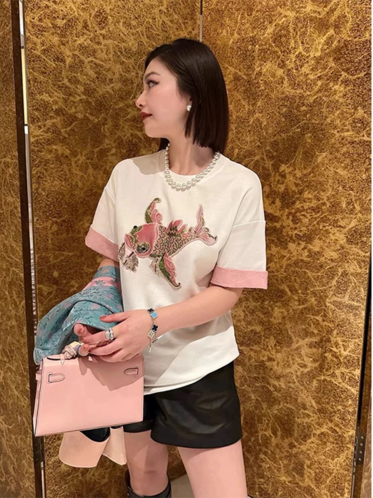 新中式國風復古圓領套頭短袖T恤女2024夏季新款粉色小錦鯉上衣潮