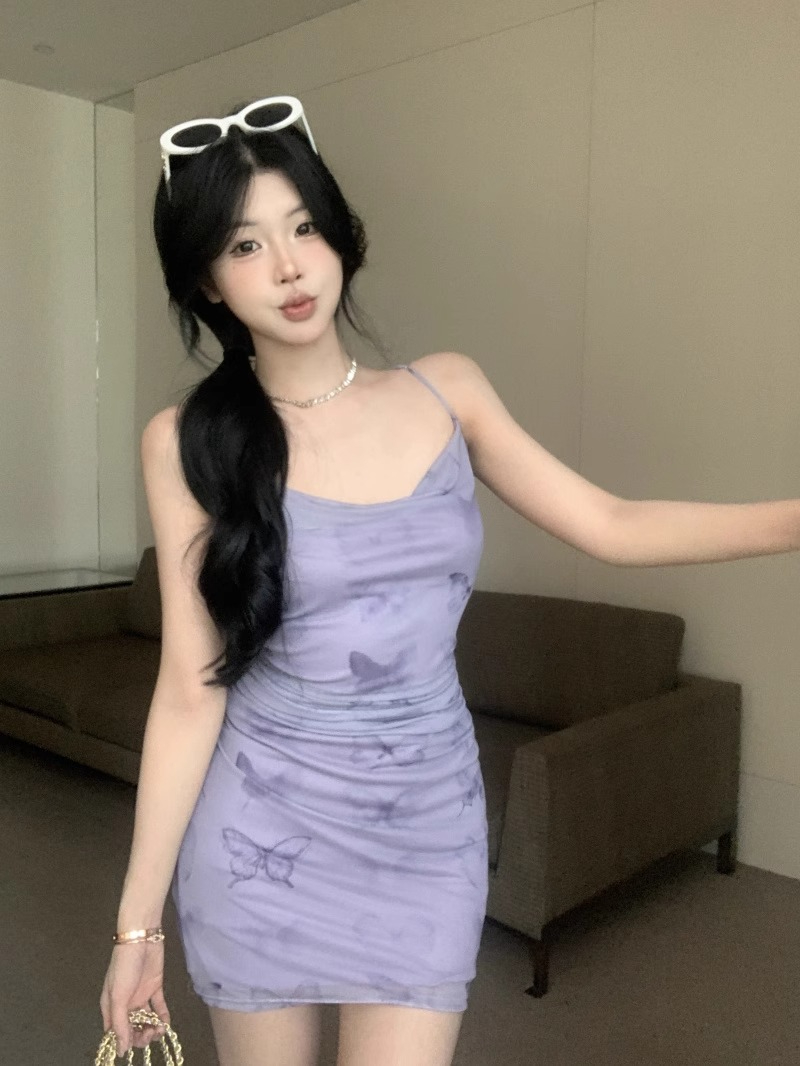 AshySnow夢境蝴蝶彈力復古氣質國風網紗印花抽褶設計吊帶連衣裙子