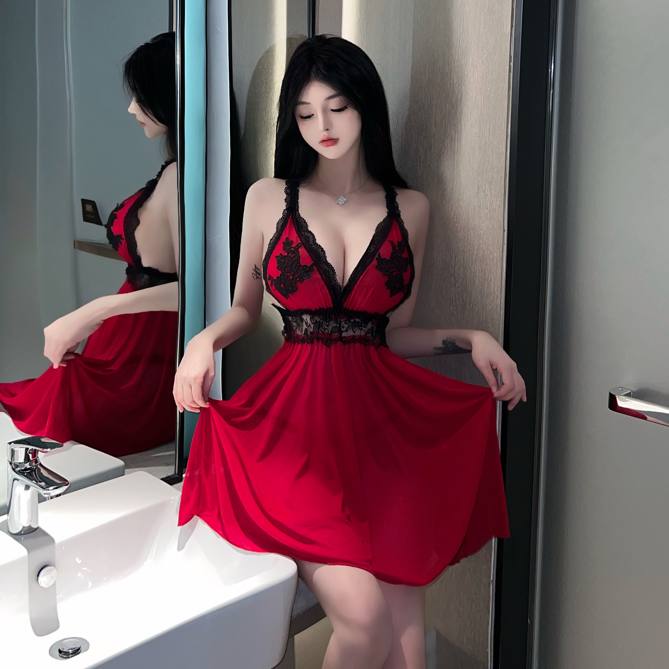 實拍~性感誘惑吊帶v領舒適睡裙女