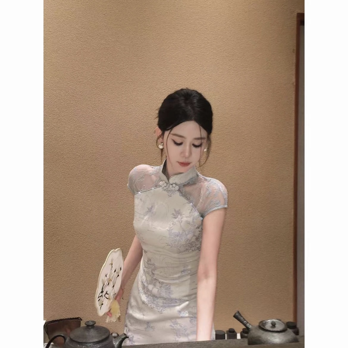 青序海鹽新中式國風立領蕾絲拼接顯瘦旗袍連衣裙