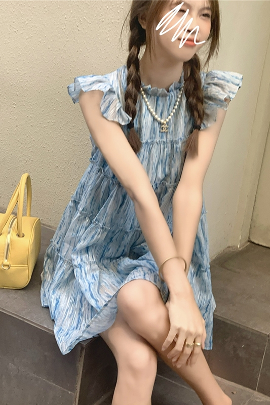 夏季韓版2024新款氣質時尚寬鬆高腰半高領小飛袖減齡短款連衣裙女