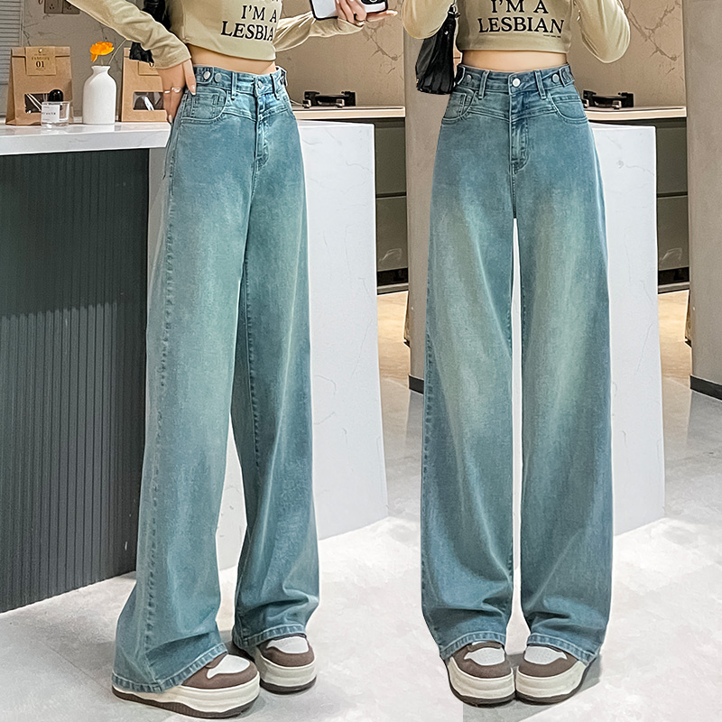 實拍2024春夏時尚潮流高腰闊腿復古牛仔褲女