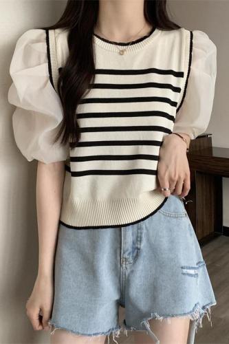 Real shot French fake two-piece knitted sweater spring and summer new style gentle stitching contrasting striped knitted top trendy