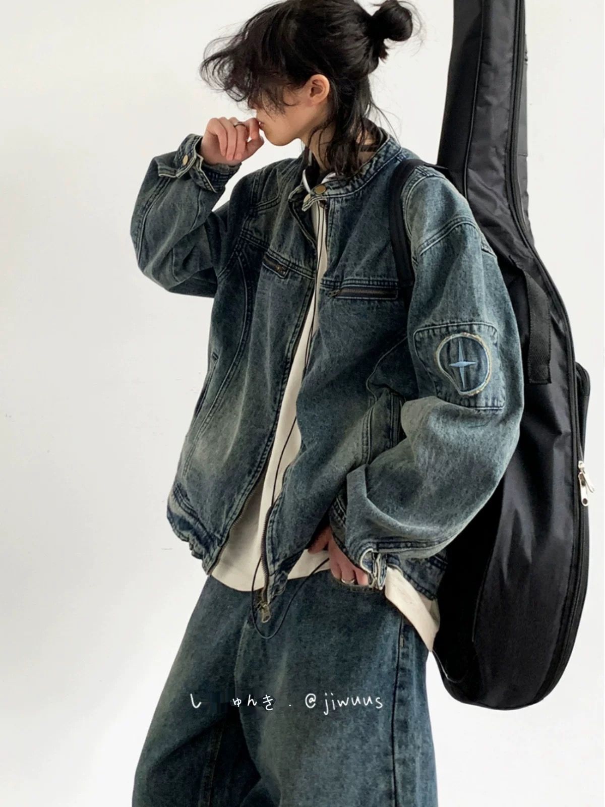 jiwuus 春日系復古刺繡水洗牛仔外套男女生BF風寬鬆藍色工裝上衣