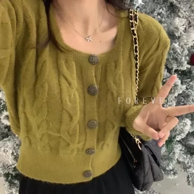 韓風chic2024春季新款復古紐扣方領毛衣短款開衫女麻花小眾新款