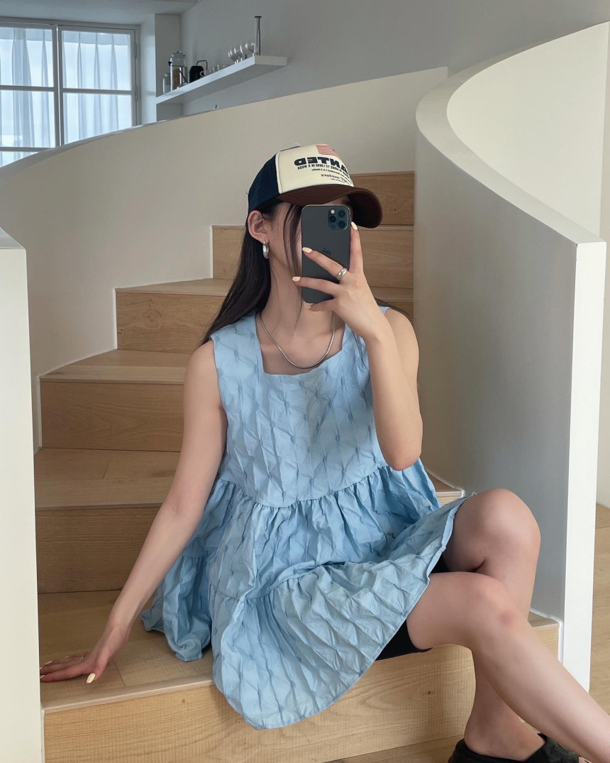 尺碼更新chic夏季法式甜美方領無袖連衣裙女寬鬆短款娃娃裙
