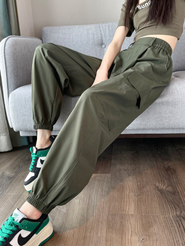 外贸工装裤束脚女夏季2024新款高腰垂感透气速干裤美式哈伦运动裤