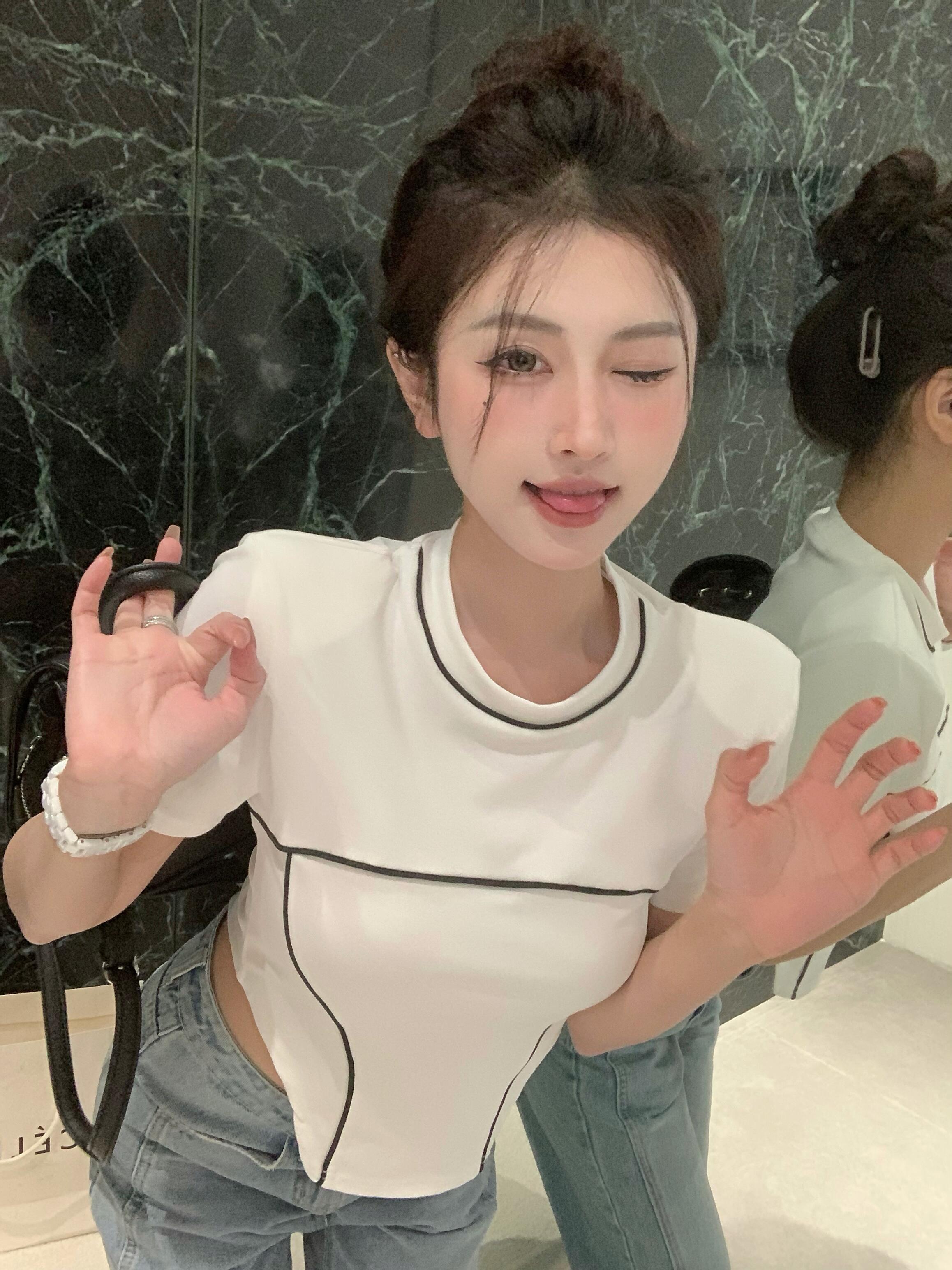 實拍 夏季小眾設計感修身半高圓領不規則短袖上衣